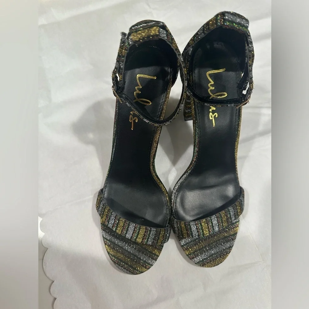 💕Lulu's Gold Multi Glitter Ankle Strap Heels Size 10
